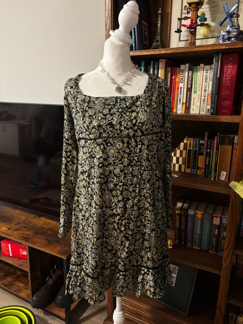 Free People Black and Gold Floral Long-Sleeve Square Neck Dress